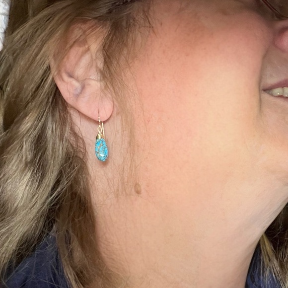 Natural Paraiba Turquoise Earrings Handmade 14K Yellow Gold Filled - Picture 3 of 9